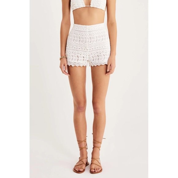 RUMER Ines Shorts White Open Knit Crochet